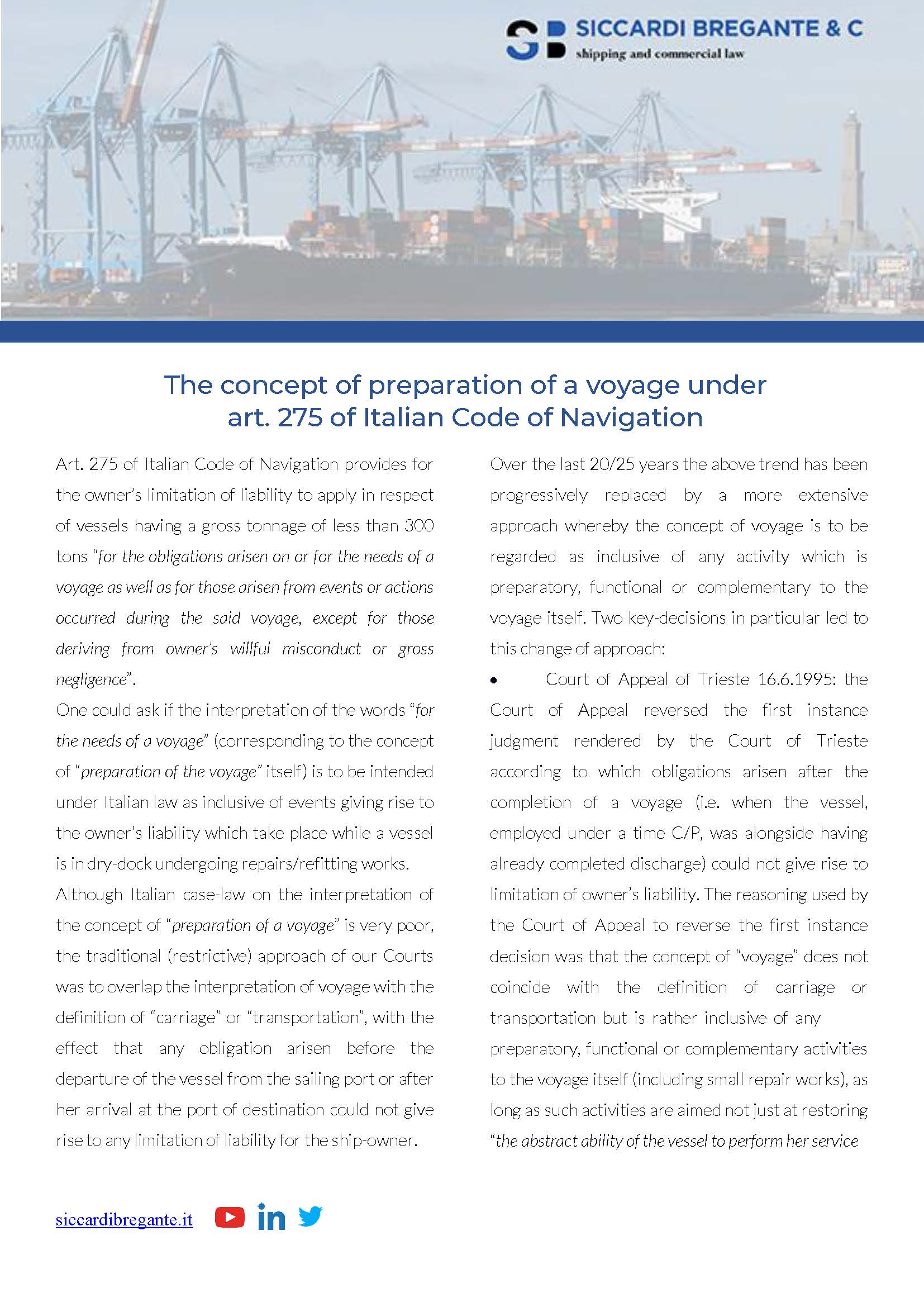 Limitazione del debito dell’armatore in Italia – la preparazione del viaggio